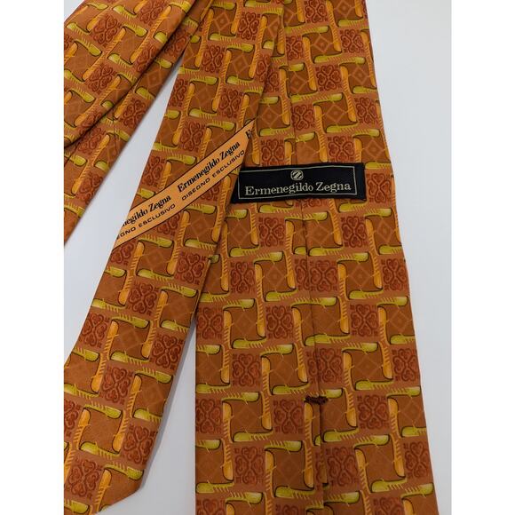 Ermenegildo Zegna Geometric‎ Pointed Neck Tie Golden Rust Adjustable 100% Silk